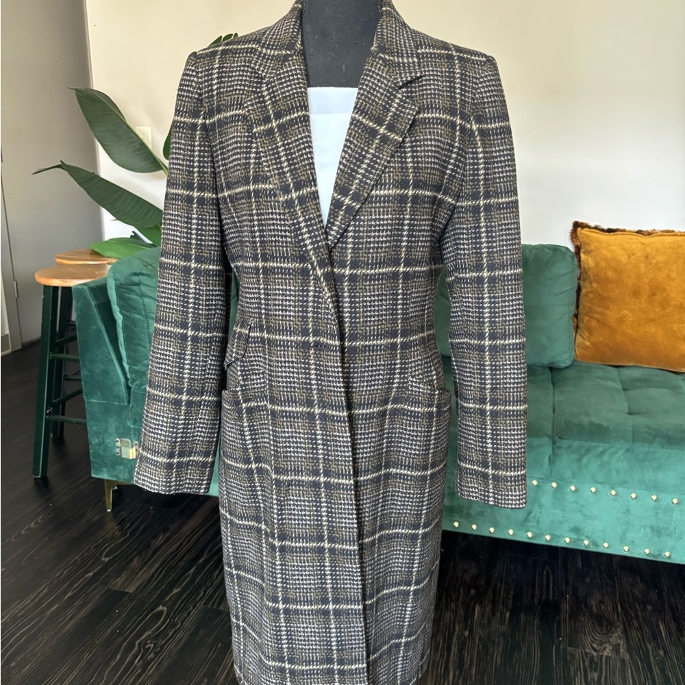 Harve Benard Black, Tan, and Cream Plaid Trench Coat